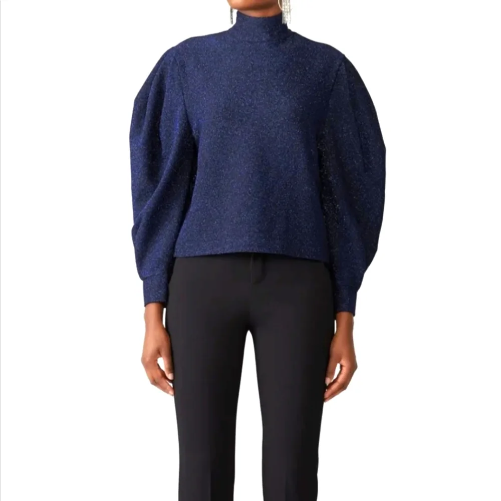 PatBo Metallic Navy Lurex Puff Sleeve Turtleneck Top Holiday Cocktail Party XS